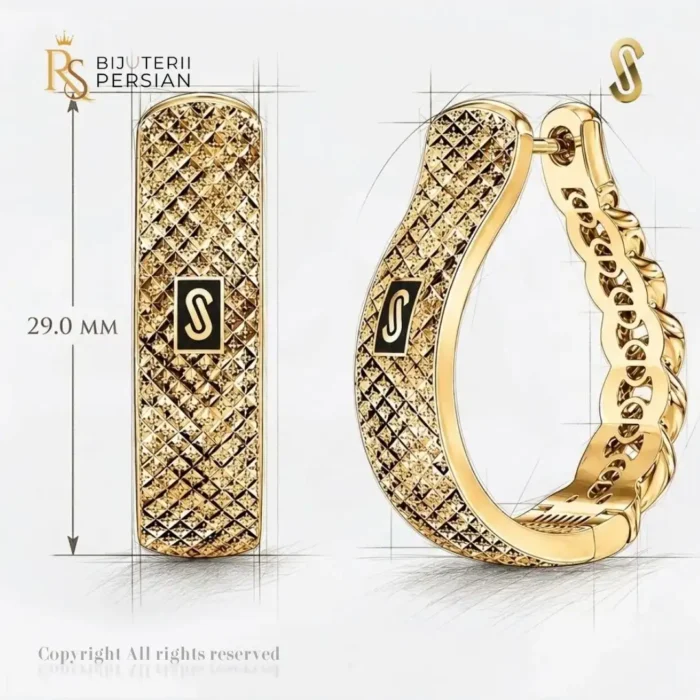 Cercei aur galben 14K Monaco Diamond Cut Hoops originali cu textura diamantata in relief si sigla Monaco