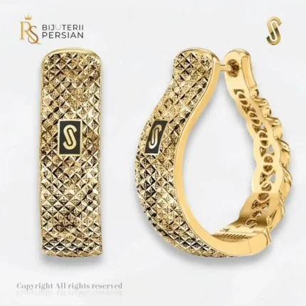 Cercei aur galben 14K Monaco Diamond Cut Hoops originali cu textura diamantata in relief si sigla Monaco