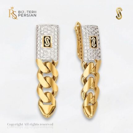 Cercei aur galben 14K Monaco Pave Drop cu lant atarnator si pietre zirconiu cu sigla Monaco
