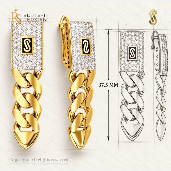 Cercei aur galben 14K Monaco Pave Drop cu lant atarnator si pietre zirconiu cu sigla Monaco