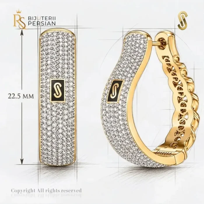 Cercei aur galben 14K Monaco Pave Hoops originali incrustati cu pietre zirconiu si sigla Monaco