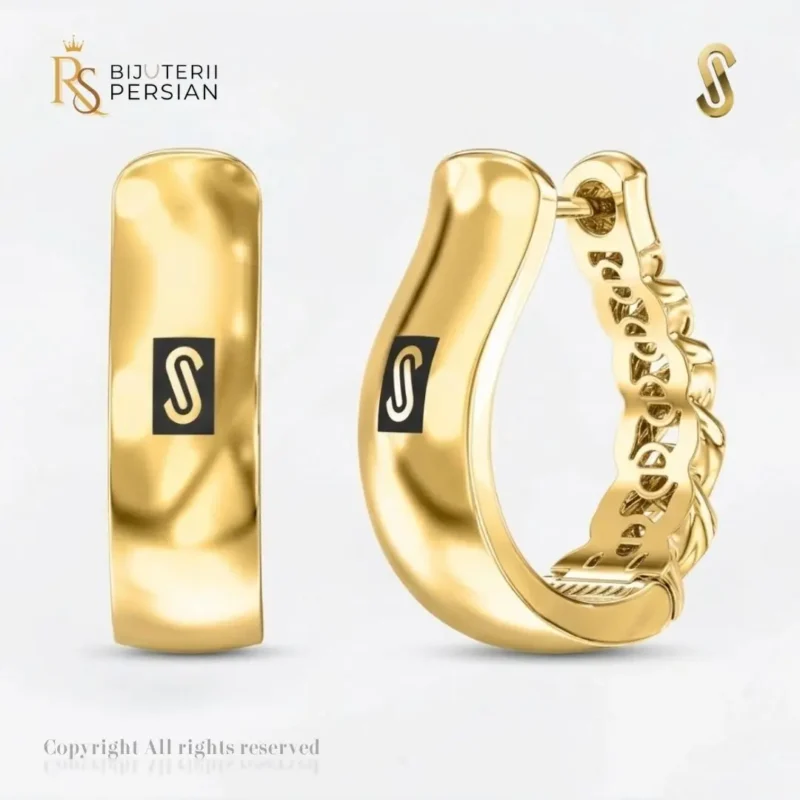 Cercei aur galben 14K Monaco Plain Hoops originali cu finisaj neted polizat la luciu oglinda si sigla Monaco