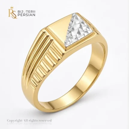 Ghiul din aur bicolor 14K pentru bărbați fără pietre cu platou pătrat splitat și detaliu din aur alb diamantat Bijuterii Persian