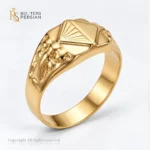 Ghiul din aur galben 14K pentru bărbați fără pietre cu platou gravat în forme geometrice și umeri cu textură sculpturală Bijuterii Persian