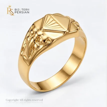 Ghiul din aur galben 14K pentru bărbați fără pietre cu platou gravat în forme geometrice și umeri cu textură sculpturală Bijuterii Persian