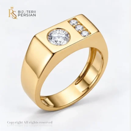 Ghiul din aur galben 14K pentru bărbați cu piatră centrală rotundă din zirconiu și un rând de trei pietre mici de accent Bijuterii Persian