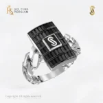 Inel aur alb 14K Monaco Classic original cu placuta incrustata cu zirconiu negru baguette si corp din zale Cuban