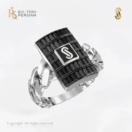 Inel aur alb 14K Monaco Classic original cu placuta incrustata cu zirconiu negru baguette si corp din zale Cuban