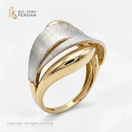Inel aur bicolor cu benzi mat-periate din aur 14K fara pietre si element central din aur galben