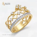 Inel aur bicolor coroana cu inimi din aur 14K cu benzi pavate cu zirconiu si detalii regale