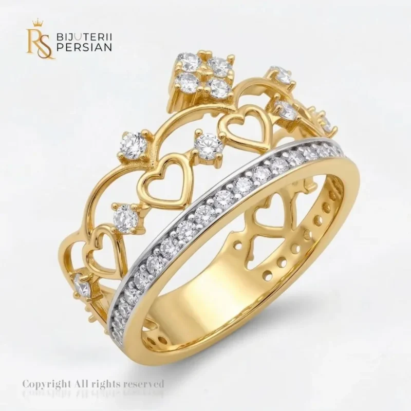 Inel aur bicolor coroana cu inimi din aur 14K cu benzi pavate cu zirconiu si detalii regale
