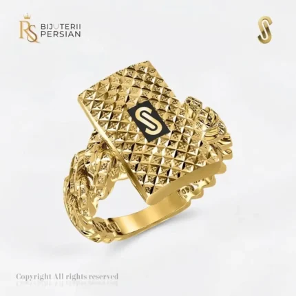 Inel aur galben 14K Monaco Vera Diamond Cut original cu placuta fatetata in relief si corp din zale Cuban