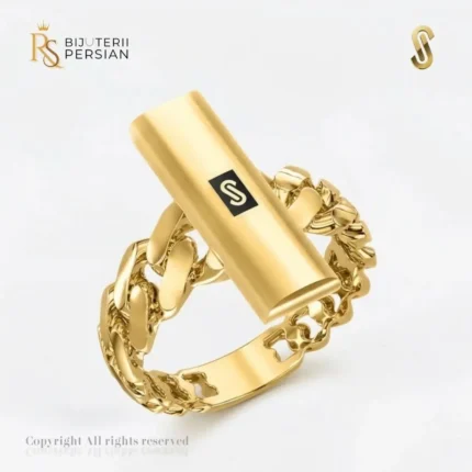 Inel aur galben 14K Monaco Vera Plain Lock original cu placuta alungita polizata si corp din zale Cuban