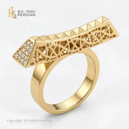 Inel aur galben bară geometrică din aur 14K cu retea opulenta si capete pavate cu zirconiu