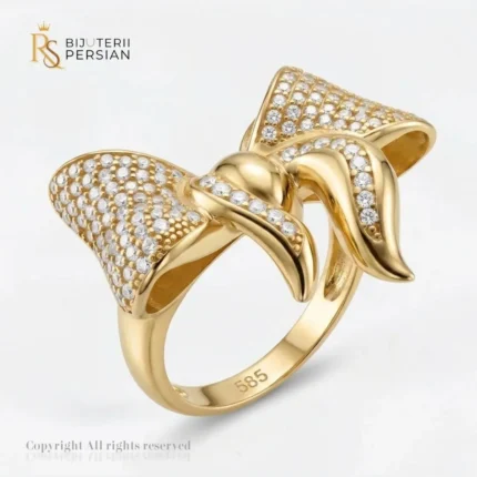 Inel aur galben model fundă din aur 14K cu aripi pavate dens cu cristale de zirconiu