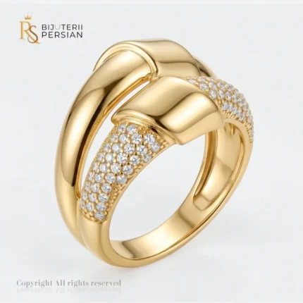 Inel aur galben panglică răsucită din aur 14K cu benzi lucioase si sectiuni pavate cu zirconiu