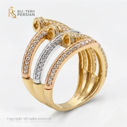 Inel aur tricolor benzi multiple din aur 14K cu straturi suprapuse pavate cu zirconiu