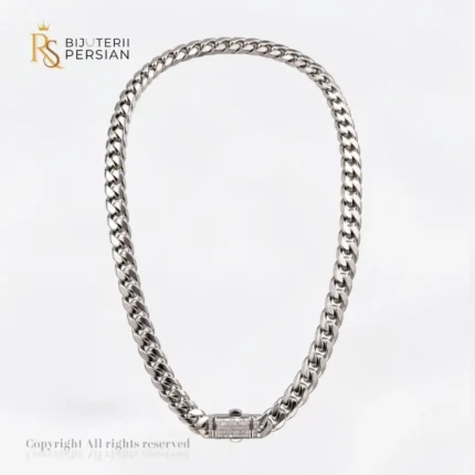 Lanț masiv din aur alb 14K model Cuban Link cu închizătoare pavată cu pietre de zirconiu Bijuterii Persian