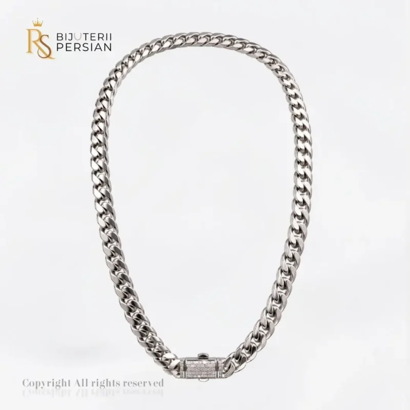 Lanț masiv din aur alb 14K model Cuban Link cu închizătoare pavată cu pietre de zirconiu Bijuterii Persian
