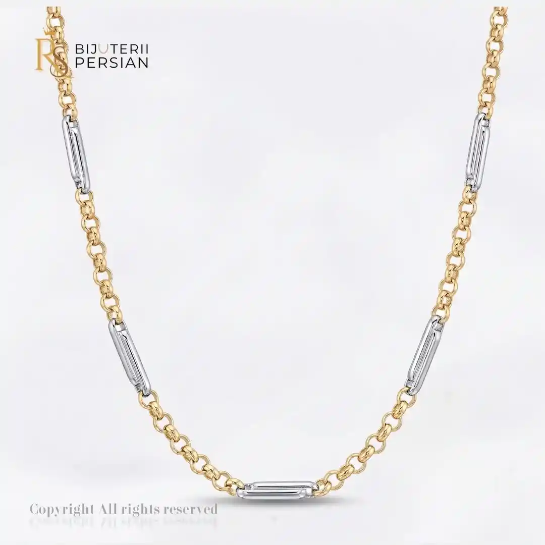 lant-aur-bicolor-14k-zale-rotunde-segmente-albe-bijuterii-persian Lanț din aur bicolor 14K cu zale rotunde din aur galben și segmente alungite din aur alb Bijuterii Persian